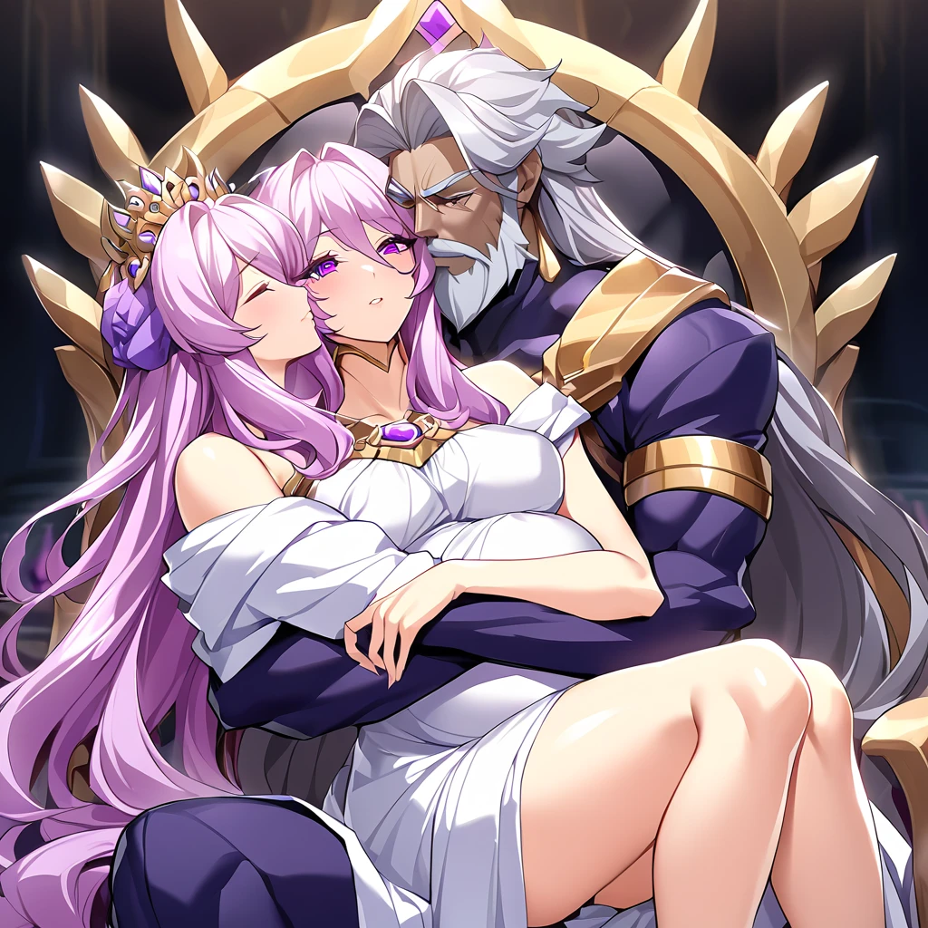 ((Highest quality)), ((masterpiece)), (detailed), (Perfect Face)、Women are divine in both mind and body, like the Greek goddess Hera.々Hera, the wife of Zeus, the king of the gods, is a goddess and queen of the gods. She happily embraces a man, kisses him deeply, and they embrace in love.、The woman is the goddess Hera, the queen of the one and only god Zeus. She has medium-long hair, wears a gorgeous ancient Greek Doric chiton, an engagement ring, and gorgeous accessories. She is an elegant, graceful, and beautiful goddess, Hera, and the wife of Zeus.、A woman is seen embracing, kissing and cuddling with the majestic, bearded, elderly man of the ancient Greek god Zeus, wearing a Doric chiton, on a magnificent throne in a temple.、A man wearing an ancient Greek Doric chiton, the dignified bearded old god Zeus, is embracing a woman, kissing her, caressing her and fondling her.、the woman is pregnant
