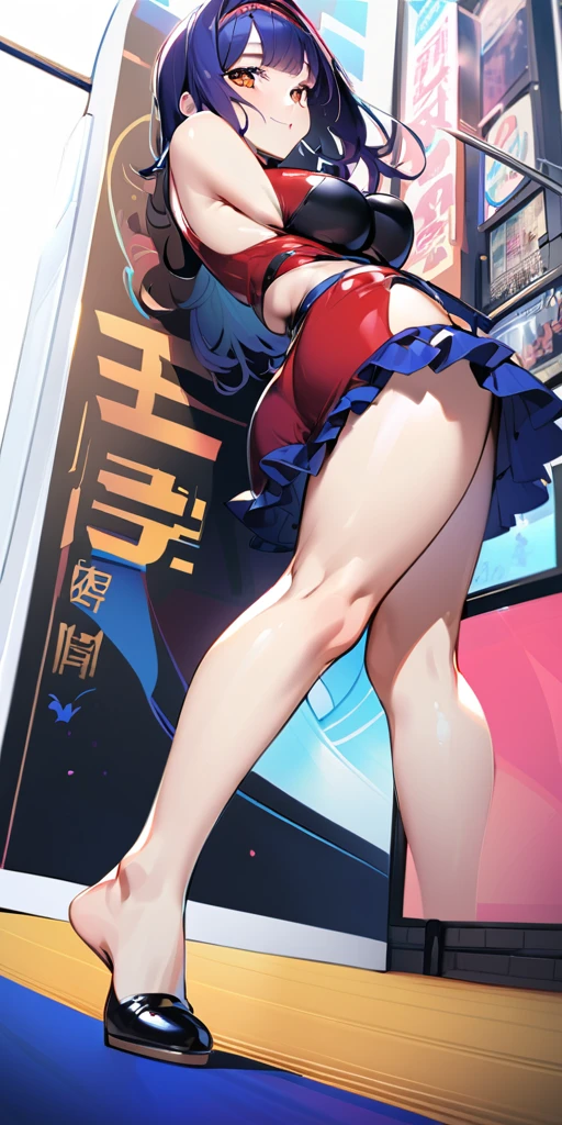 ((masterpiece, best qualtiy, hdr)), 1girl, solo, (Komi Shouko), red short dress, (white hot shorts), red gloves, (white shirt collar), (white short sleeves), (white waist belt), purple earrings, purple necklace, purple eyes, red headband, (long loose hair), (purple hair), ((street market background)), ((night sky background)), (small breasts), 8k, full body, ambient lighting, arm thick thighs, detailed legs, flexible, (standing on one leg:1.2), (standing split:1.3), muscular, (hand holding one leg up), (seen from below:1.2)
