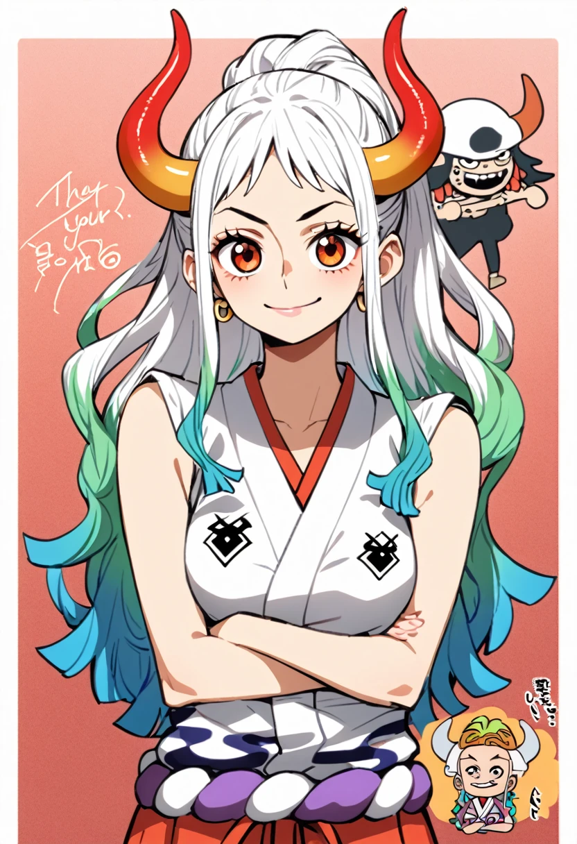 smile、1girl、Yamato \(one piece\)、long hair,multiclored hair,they,horn、Cross your arms、upper body、No sleeve、Red Hakama、