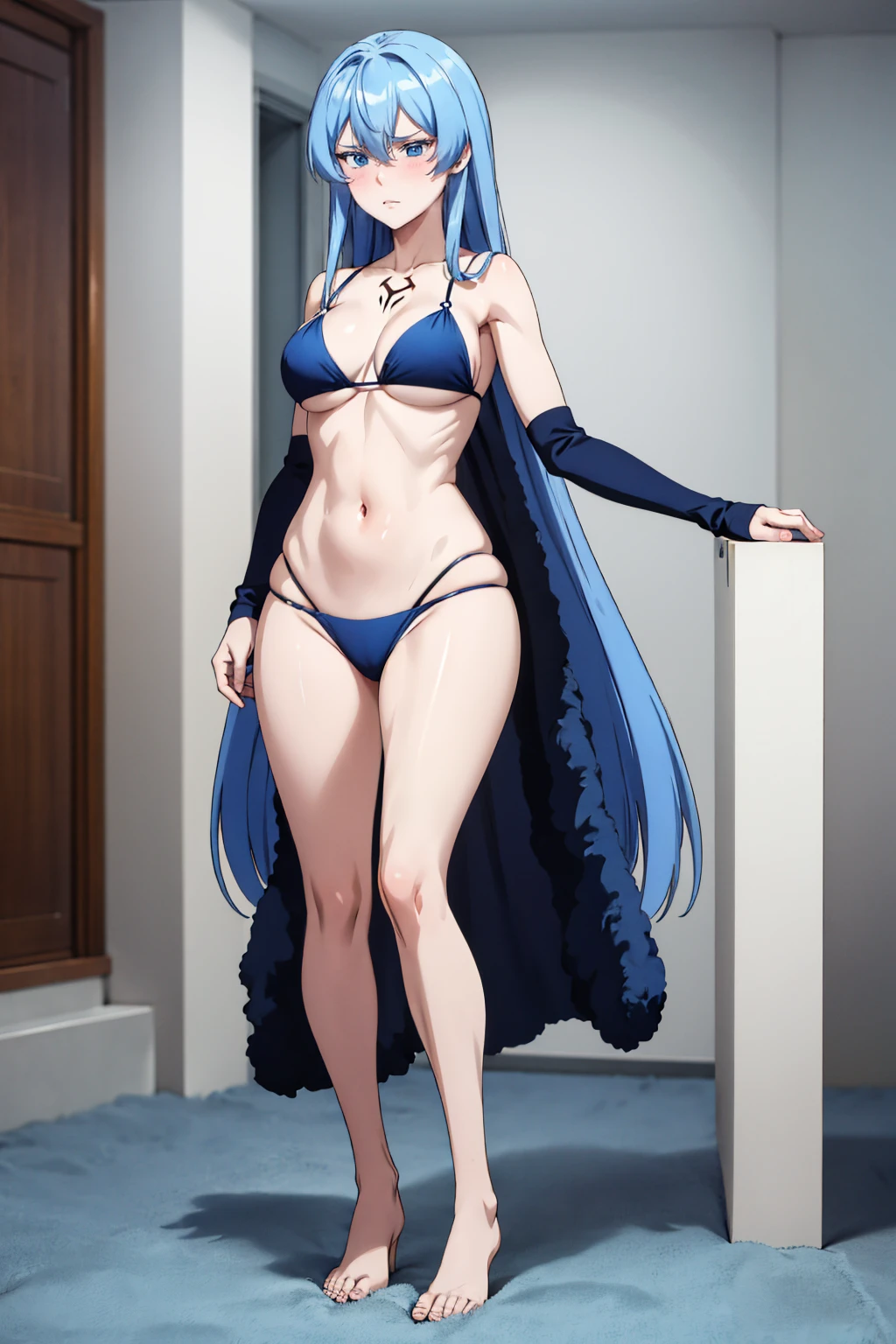 (artwork, best quality) a girl with long blue messy hair, blue eyes, blue eyelashes, wearing a black bikini, standing, tattoo, big , perfect body, 4k hd, upset, blushing, in a room, (full body)