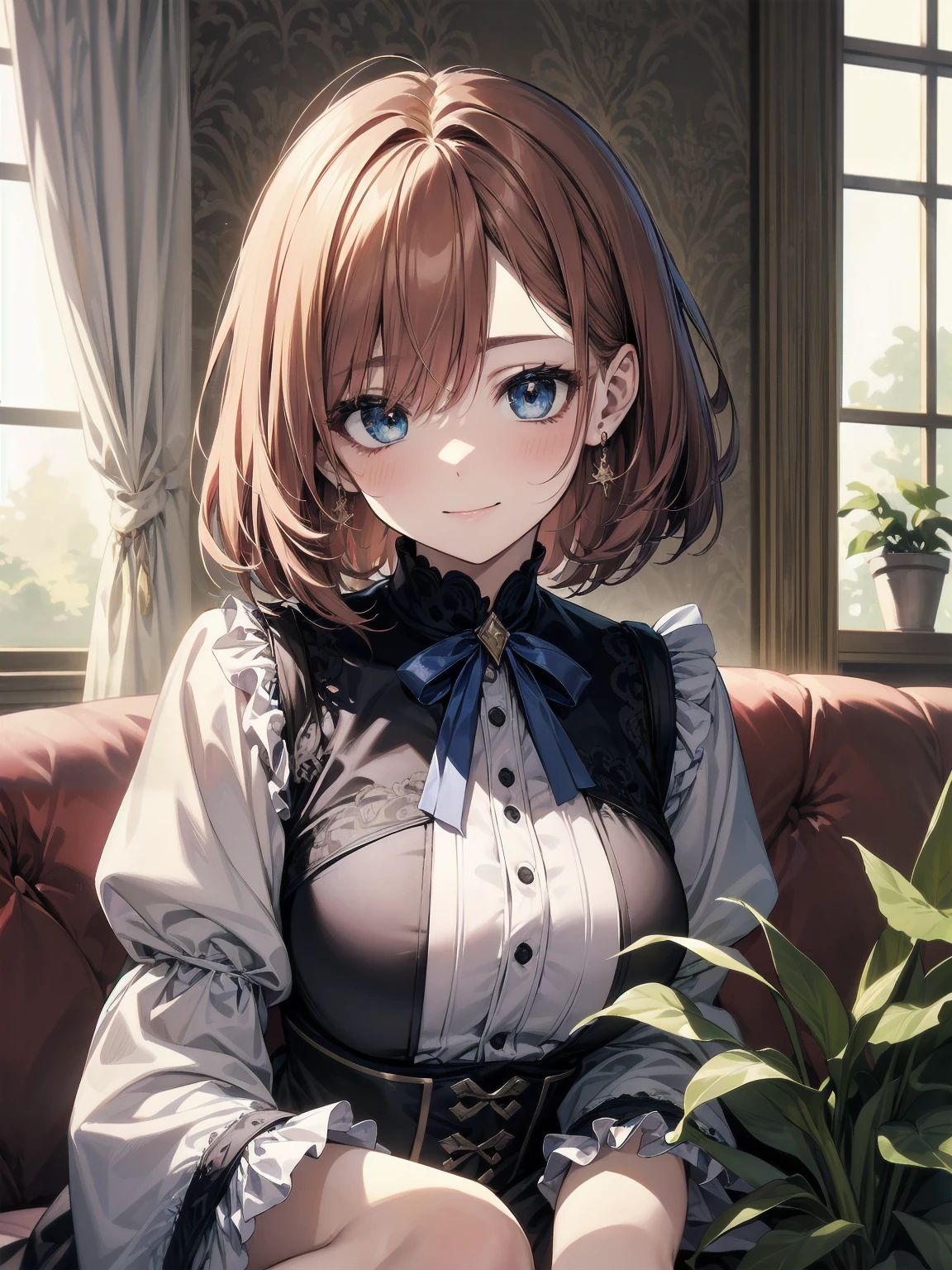 Scene Description: - Composition: Portrait. Focus on the face. Shot from the front. - Subject: Cute girl. (Chibi:1.1). Real person. - Features: - Face: (Cute round face:1.2). - Eyes: Detailed dark blue eyes. - Hair: One-leg bob-cut hair down the front with a large ribbon hairpiece, (golden hair), (red inner hair), auburn hair, hair between the eyes. - Body: Detailed slender body. Large breasts. - Clothing: Pink ruffled blouse, flares, blue ribbon tie, long ruffled sleeves, layered skirt. - Expression: happy expression. Mouth open. - Pose: head tilted back. She is looking at the viewer. - Background: living room of a trendy café. - Elements: Houseplants. Cute pastel sofa. Cute pastel curtains. Cute pastel-colored wallpaper. Time: Daytime. Lighting: (Natural light: 1.4). Art Style: Watercolor. Traditional media. Quality: Intricate details. Highly detailed. Outstanding complexity. (Masterpiece: 1.2). (Highest quality: 1.2). (Absurd absolute resolution: 1.4). Mood: Calm,
