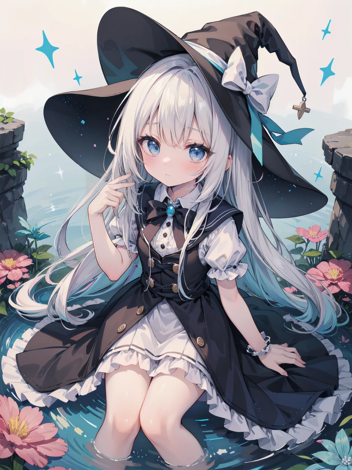 🎶, (🧙‍♀️), ✡, ✨(black hat), , Alice in Wonderland, Alone, very beautiful, cute, adorable, embarrassed, alone, blue eyes, white skin、look at viewer、looking up,kawaiitech, pastel colors, kawaii, cute colors,Alice in Wonderland, alone, very beautiful, cute, adorable, embarrassed, alone, blue eyes, white skin,skirtlift