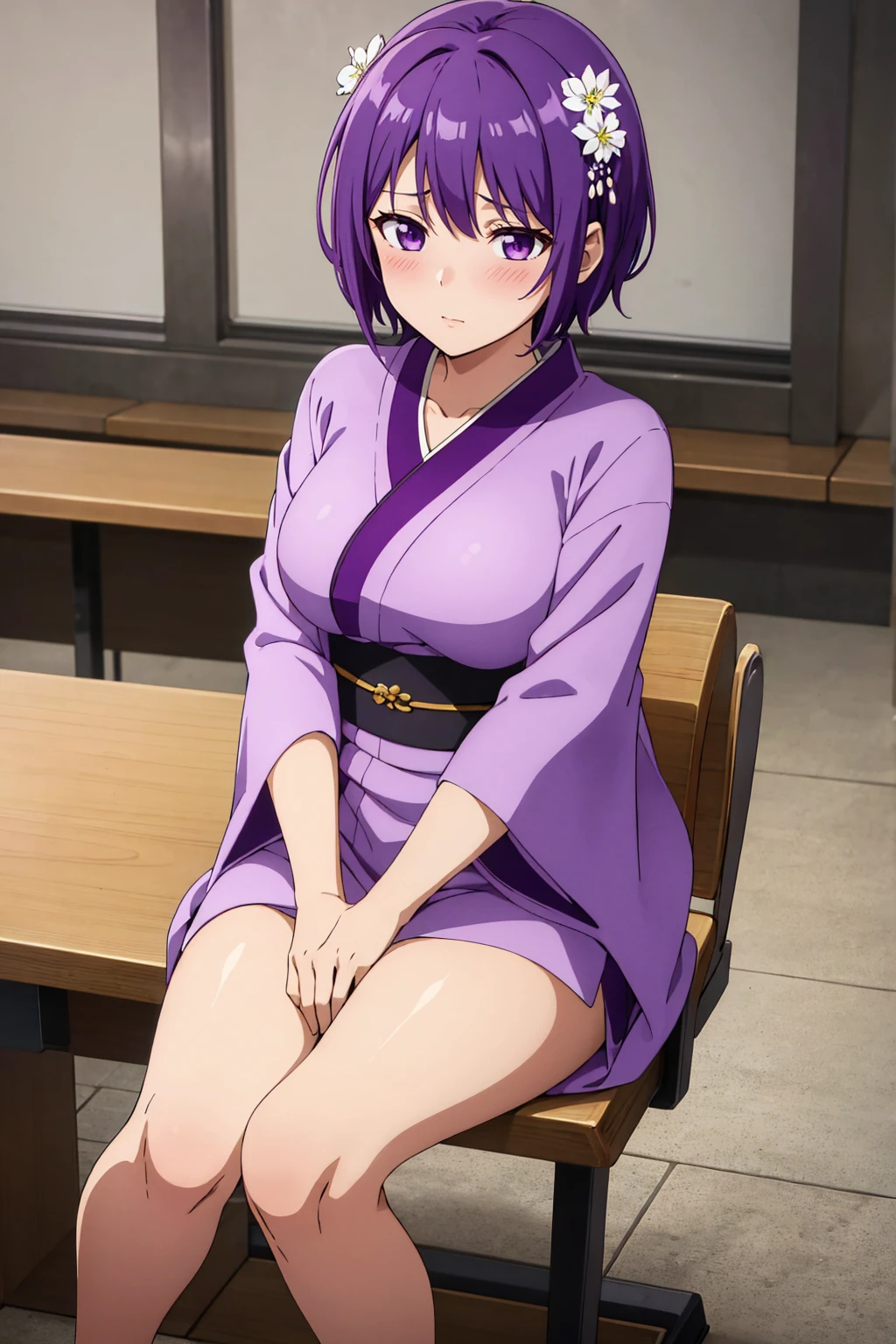 (artwork, best quality) a girl with short purple hair, purple eyes, purple kimono dress with white flowers, medium breasts, hot look, blushing, average height, sitting, in a classroom