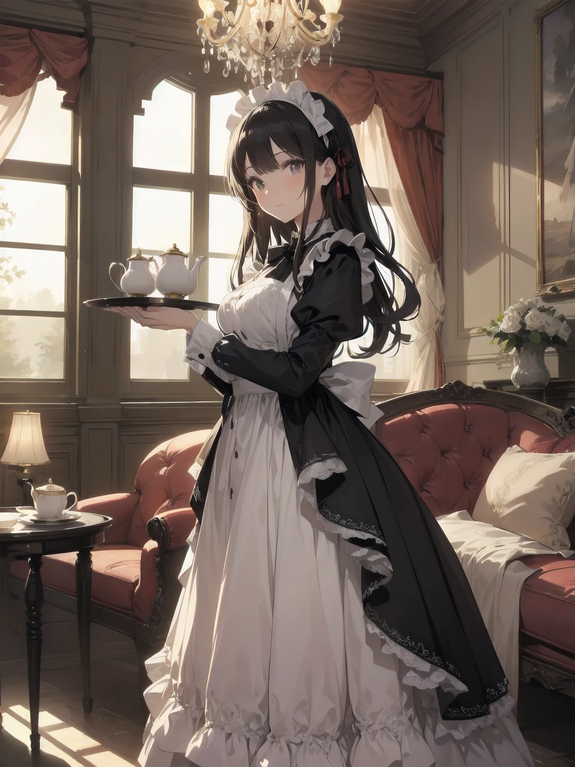 Illustration of a beautiful girl in a cute pose,(Masterpiece: 1.2), (Best quality: 1.2), A cute girl with long black hair, dressed in a classic black and white maid outfit with frilly lace and a matching headband, is standing in a beautifully decorated Victorian-style parlor. She is holding a silver tray with a teapot and teacup, her expression a mix of professionalism and warmth. The background includes ornate furniture, a chandelier, and large windows with heavy drapes, all bathed in soft afternoon light. This illustration emphasizes the elegant and welcoming atmosphere of a high-class tea service