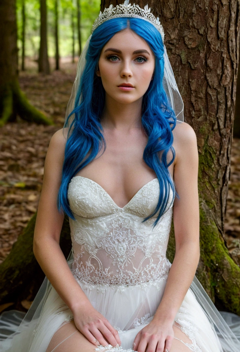 Emily, copse bride nude at forest, open legs, pubic hair, beautiful face, perfect eyes, bridal diadem, blue hair