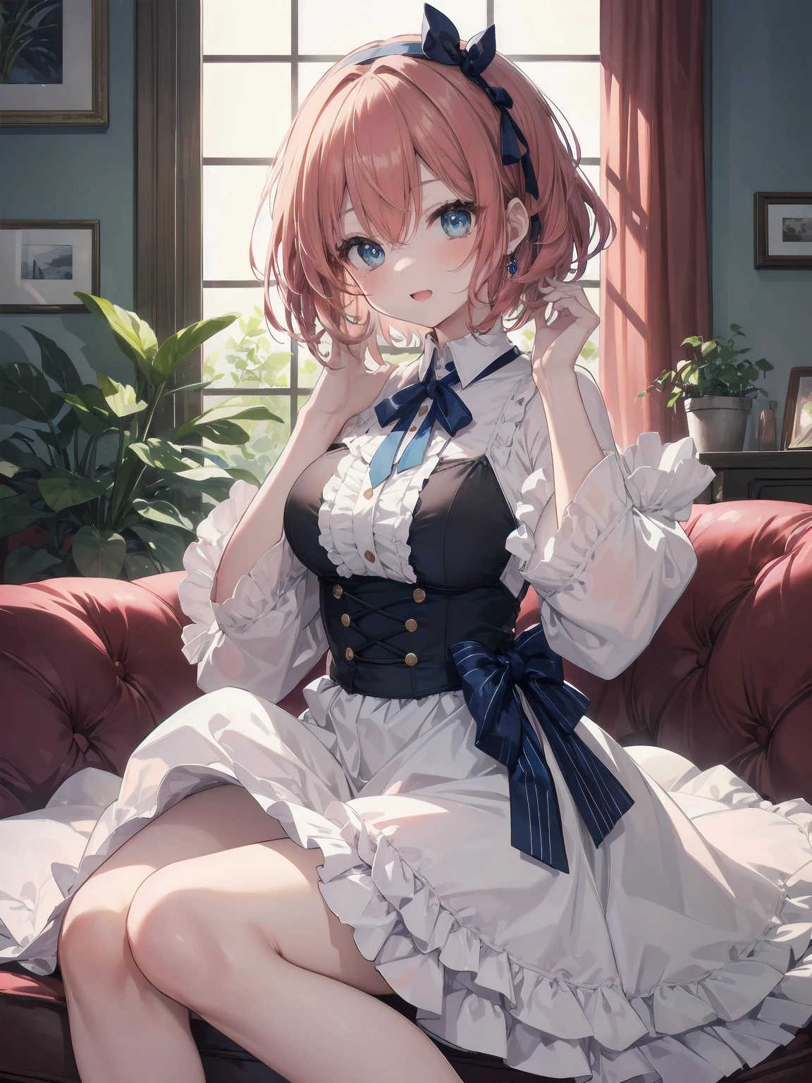 Scene Description: - Composition: Portrait. Focus on the face. Shot from the front. - Subject: Cute girl. (Chibi:1.1). Real person. - Features: - Face: (Cute round face:1.2). - Eyes: Detailed dark blue eyes. - Hair: One-leg bob-cut hair down the front with a large ribbon hairpiece, (golden hair), (red inner hair), auburn hair, hair between the eyes. - Body: Detailed slender body. Large breasts. - Clothing: Pink ruffled blouse, flares, blue ribbon tie, long ruffled sleeves, layered skirt. - Expression: happy expression. Mouth open. - Pose: head tilted back. She is looking at the viewer. - Background: living room of a trendy café. - Elements: Houseplants. Cute pastel sofa. Cute pastel curtains. Cute pastel-colored wallpaper. Time: Daytime. Lighting: (Natural light: 1.4). Art Style: Watercolor. Traditional media. Quality: Intricate details. Highly detailed. Outstanding complexity. (Masterpiece: 1.2). (Highest quality: 1.2). (Absurd absolute resolution: 1.4). Mood: Calm,