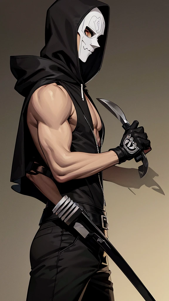 Tim Burton style illustration man with hood and mask wearing an open sleeveless black jacket showing fit physique holding a knife with bar and a motorbike in the background