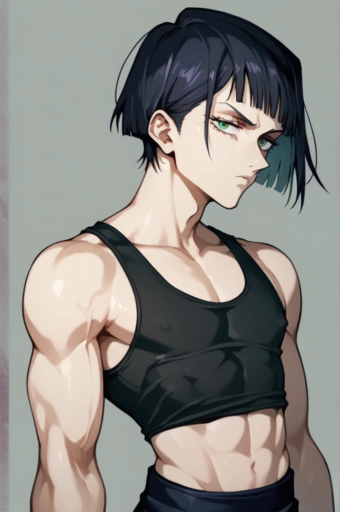 An androgynous boy with pale skin, green eyes with a relaxed look, long purple dark hair, tight black high-neck tank top, no experience of jujutsu kaisen