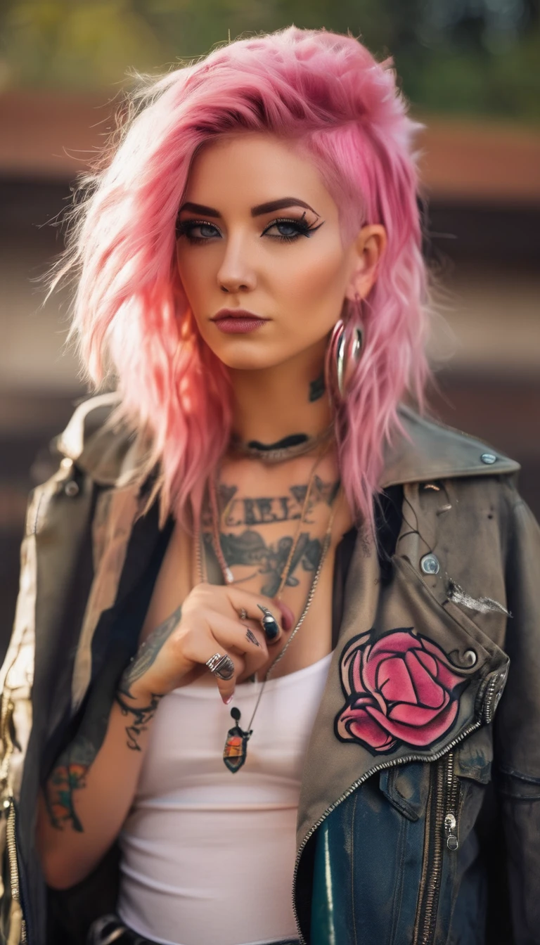 Young adult woman 22 years realistic, sexy with medium tits, modern punk style similar to harley queen, with long blonde and a little pink hair, with a broken heart tattoo full body