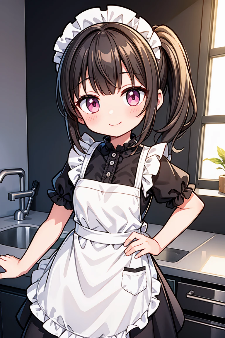 (Highest image quality), (highest quality), (masterpiece), (dynamic lighting), (photo realism), a  anime girl with short black hair and a one side ponytail hairstyle, wearing a maid uniform with an apron, pink eyes, very small bust, and a little curve. She is standing in a kitchen background, smiling and winking, with hands on her hips. The viewer's perspective is from below, capturing her detailed face and very blushing expression. Include detailed hands and fingers, and ensure a more detailed overall appearance. Use EasyNegativeV2.