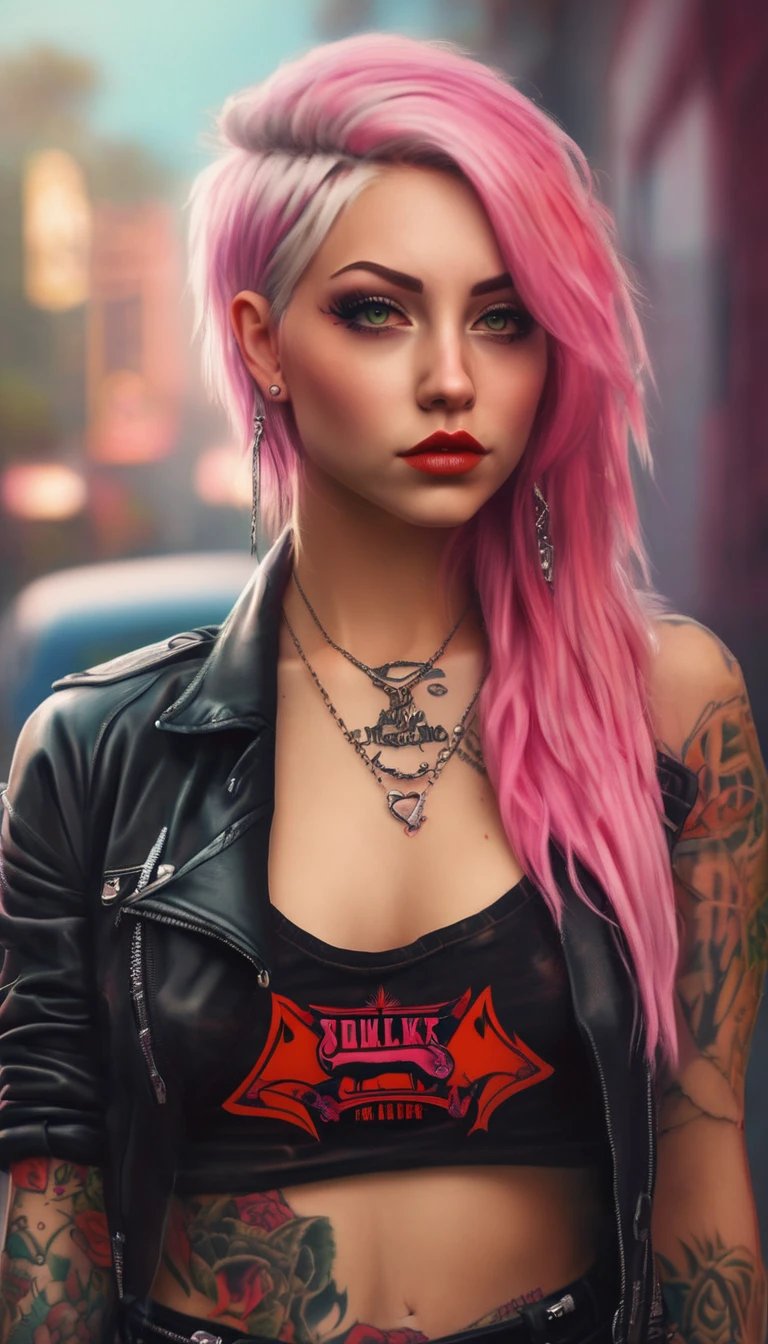 Young adult woman 22 years realistic, sexy with medium tits, modern punk style similar to harley queen, with long blonde and a little pink hair, with a broken heart tattoo full body