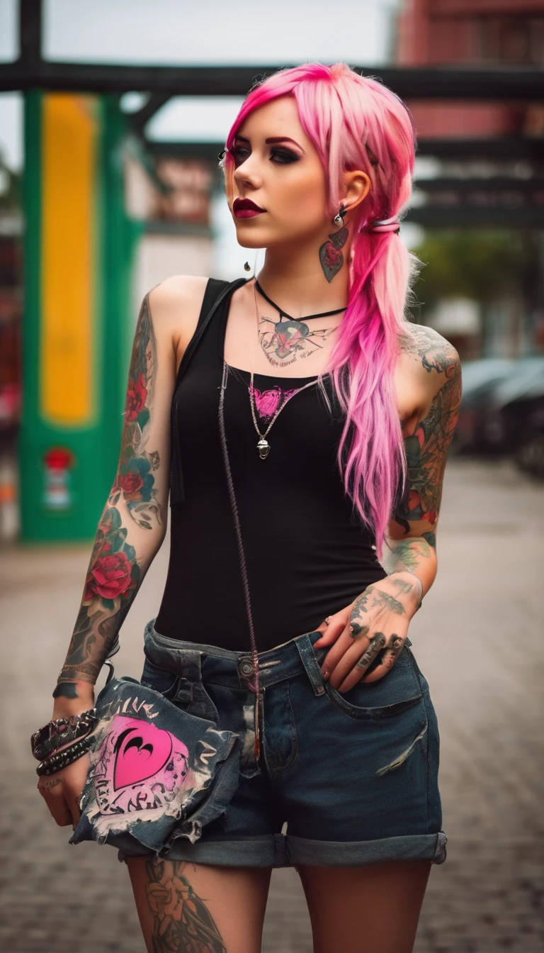 Young adult woman 22 years realistic, sexy with medium tits, modern punk style similar to harley queen, with long blonde and a little pink hair, with a broken heart tattoo full body