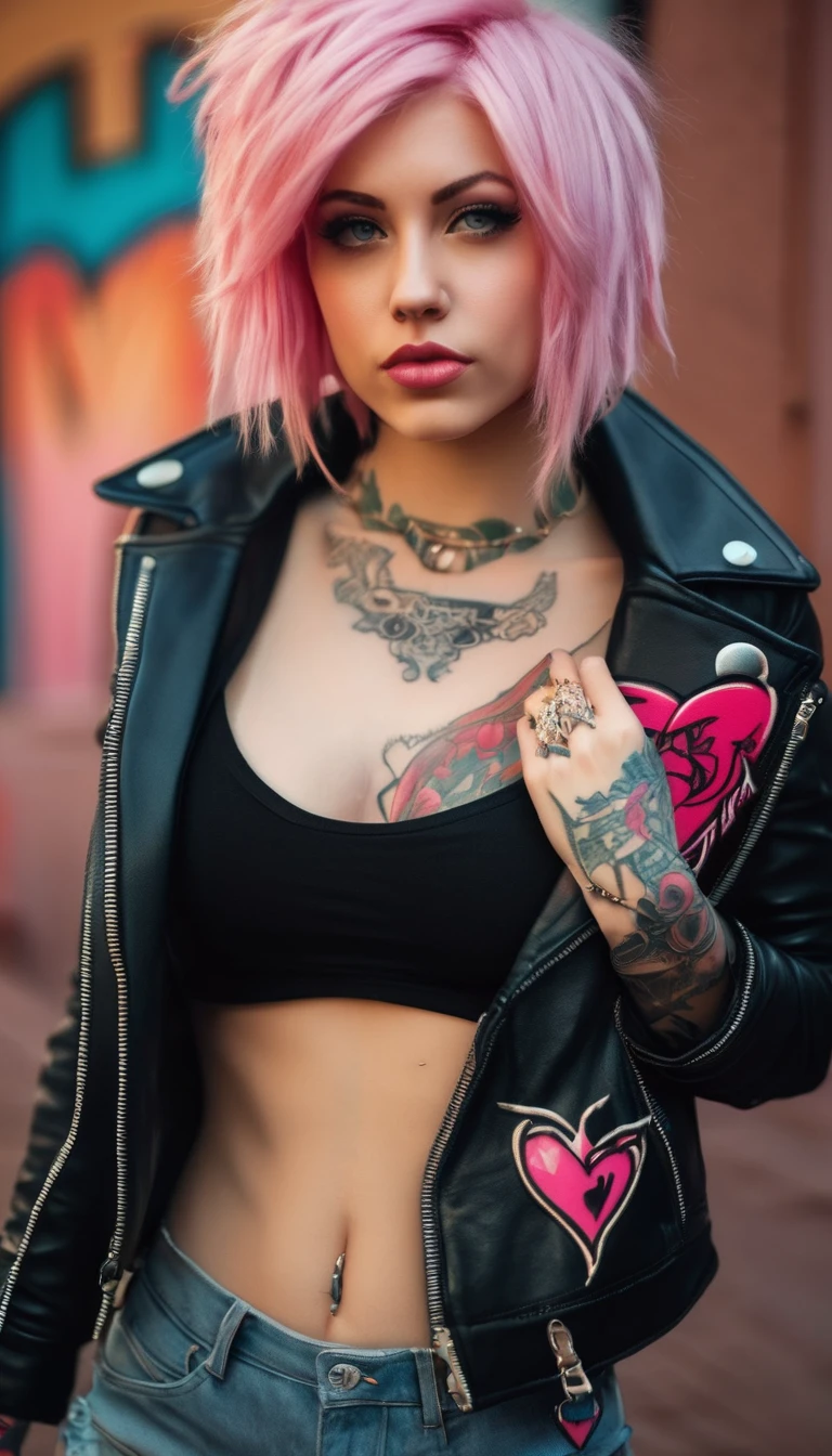Young adult woman 22 years realistic, sexy with medium tits, modern punk style similar to harley queen, with long blonde and a little pink hair, with a broken heart tattoo full body