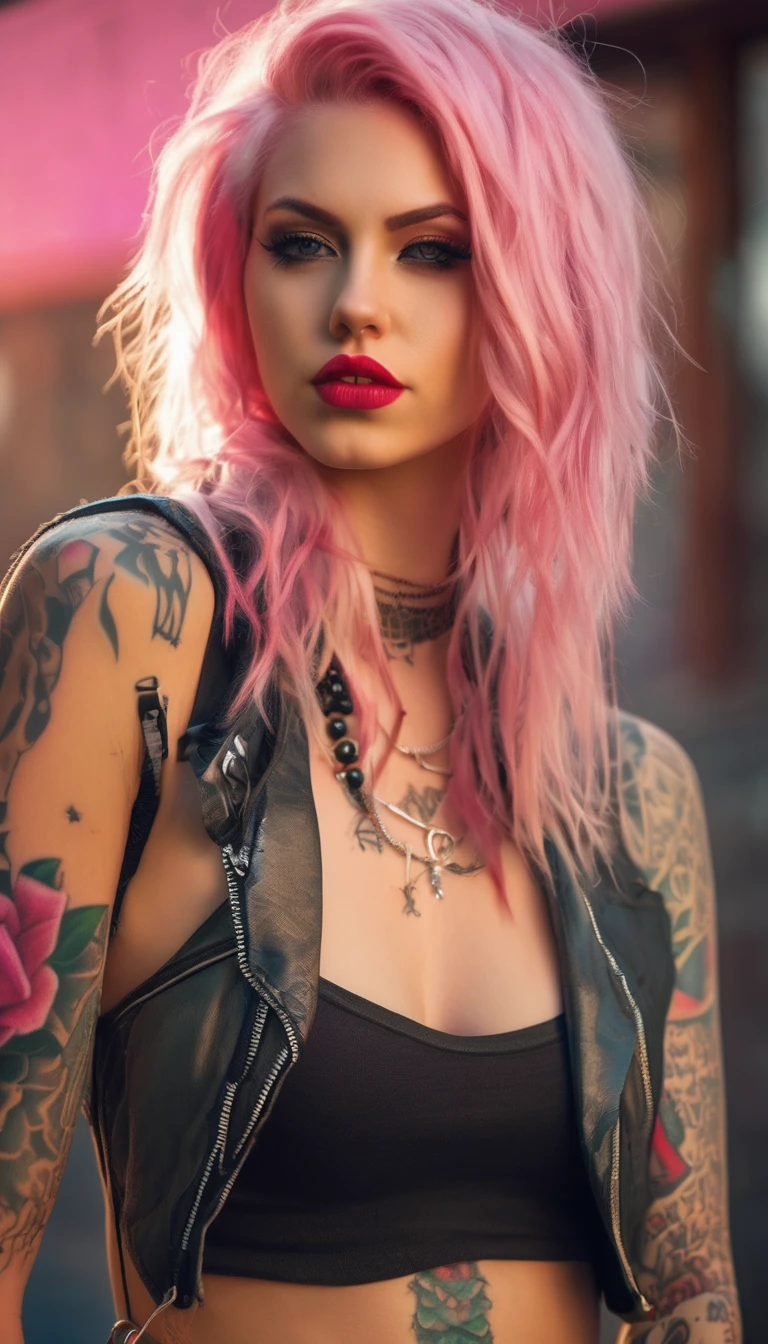 Young adult woman 22 years realistic, sexy with medium tits, modern punk style similar to harley queen, with long blonde and a little pink hair, with a broken heart tattoo full body