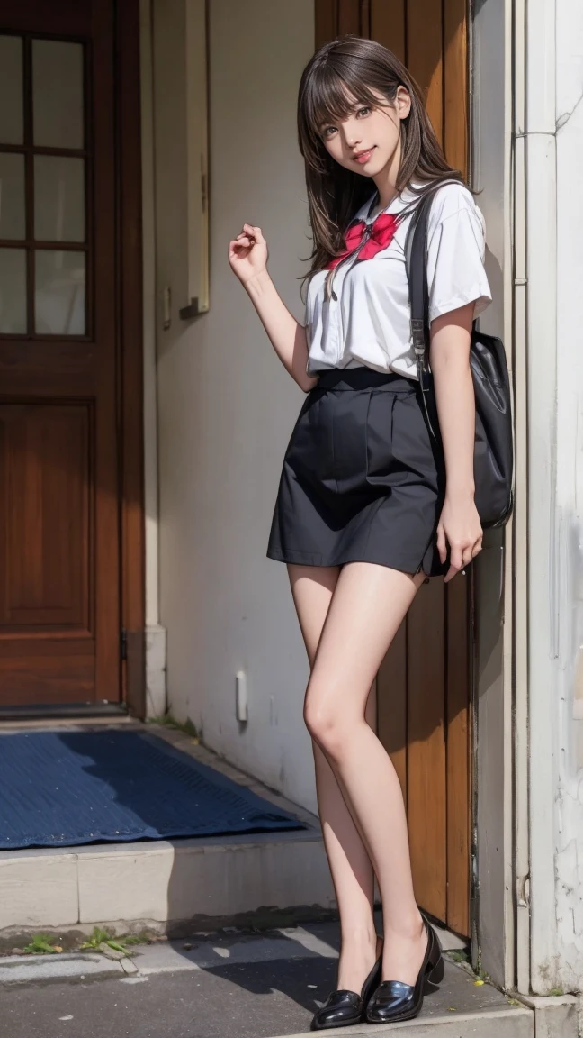 ((masterpiece)),(((Highest quality))),Thin thighs,Long legs,An 18-year-old woman standing on the steps of her school,Japan Uniform:1.5,White Camellia Floral Lace Bra:1.5,Open Chest White Shirt,The best smile,Short blonde:1.5,short side wave,Carrying a black backpack,Wear black loafers,