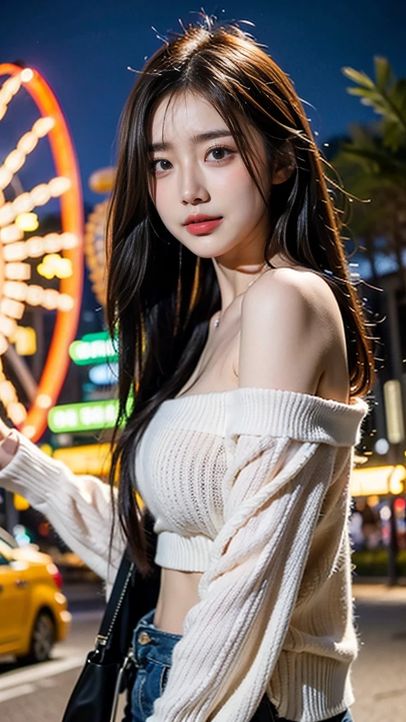 (((masterpiece:1.4, Best Quality:1.4, 8K, ultra high res, Physically Based Rendering))), sharp focus, full body Portrait, flat lighting, ultra Beautiful Sexy Woman, very pretty Japanese woman, sexy body, perfect body:1.1, 24yo, solo, (Detailed large blue eyes), detailed thin eyebrows, Highlights in the eyes, (((brown ultra long wavy hair:1.1, half updo, hair behind ears, bangs))), (A strong wind blows her hair:1.4), Highly detailed facial and skin texture, Slender beauty:1.4, ((black tight knit ultra mini dress, off shoulder:1.5, sleeveless:1.4)), ((dress lift:1.6)), ((gigantic breasts:1.6))), (breasts exposed:1.8), nipples, small areola, slim abs, narrow waist, ((())), (detailed beautiful pussy exposed, pubic hair:1.4, cum in pussy:1.5, Cloudy liquid drips from the pussy:1.5), (slim and long beauty legs), (black stockings:1.1), no makeup, Clear facial features, (smile), looking at viewer, (facing forward:1.3), (front view), (from below:1.3), (walking:1.1, Spread her legs in a V-shape:1.4, two legs high up:1.2, on the brooklyn bridge at night:1.4, Day view of New York skyscrapers in the background), (incredible sky:1.2),