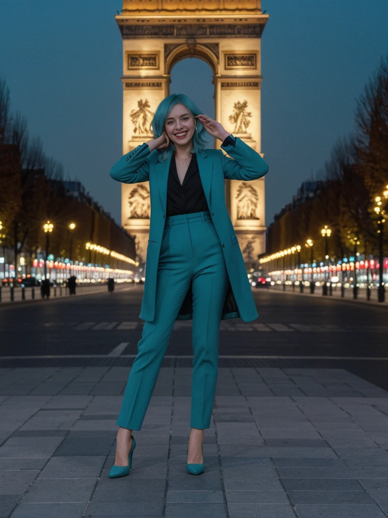 her name is Amelie, high quality, 1girl, ((25-year-old fit Caucasian woman)), ((25 years old)), ((BODY TYPE: HOURGLASS)), ((Teal COLORED Hair)), smiling, pose: standing, wearing Well-dressed ULTRA MODERN Generation-Z modern wear bright colored, BACKGROUND: "Walking along the illuminated Champs-Élysées with the Arc de Triomphe in the distance and the city lights twinkling."