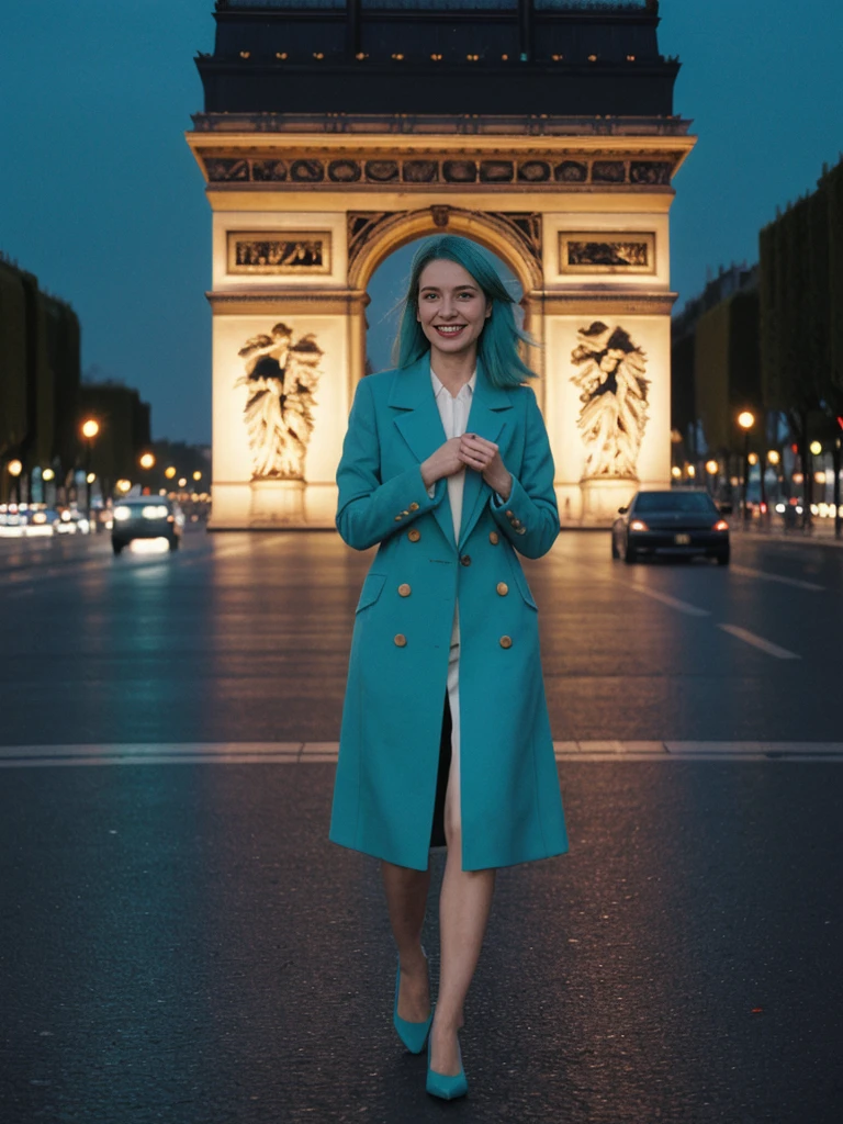 her name is Amelie, high quality, 1girl, ((25-year-old fit Caucasian woman)), ((25 years old)), ((BODY TYPE: HOURGLASS)), ((Teal COLORED Hair)), smiling, pose: standing, wearing Well-dressed ULTRA MODERN Generation-Z modern wear bright colored, BACKGROUND: "Walking along the illuminated Champs-Élysées with the Arc de Triomphe in the distance and the city lights twinkling."