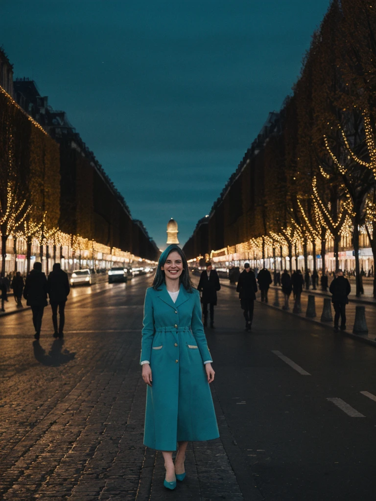 her name is Amelie, high quality, 1girl, ((25-year-old fit Caucasian woman)), ((25 years old)), ((BODY TYPE: HOURGLASS)), ((Teal COLORED Hair)), smiling, pose: standing, wearing Well-dressed ULTRA MODERN Generation-Z modern wear bright colored, BACKGROUND: "Walking along the illuminated Champs-Élysées with the Arc de Triomphe in the distance and the city lights twinkling."
