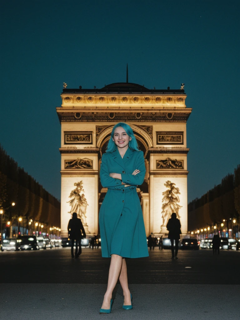 her name is Amelie, high quality, 1girl, ((25-year-old fit Caucasian woman)), ((25 years old)), ((BODY TYPE: HOURGLASS)), ((Teal COLORED Hair)), smiling, pose: standing, wearing Well-dressed ULTRA MODERN Generation-Z modern wear bright colored, BACKGROUND: "Walking along the illuminated Champs-Élysées with the Arc de Triomphe in the distance and the city lights twinkling."