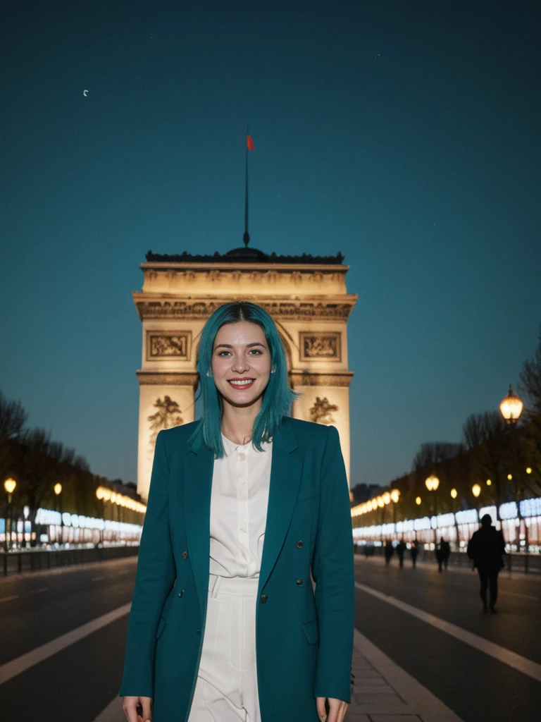 her name is Amelie, high quality, 1girl, ((25-year-old fit Caucasian woman)), ((25 years old)), ((BODY TYPE: HOURGLASS)), ((Teal COLORED Hair)), smiling, pose: standing, wearing Well-dressed ULTRA MODERN Generation-Z modern wear bright colored, BACKGROUND: "Walking along the illuminated Champs-Élysées with the Arc de Triomphe in the distance and the city lights twinkling."