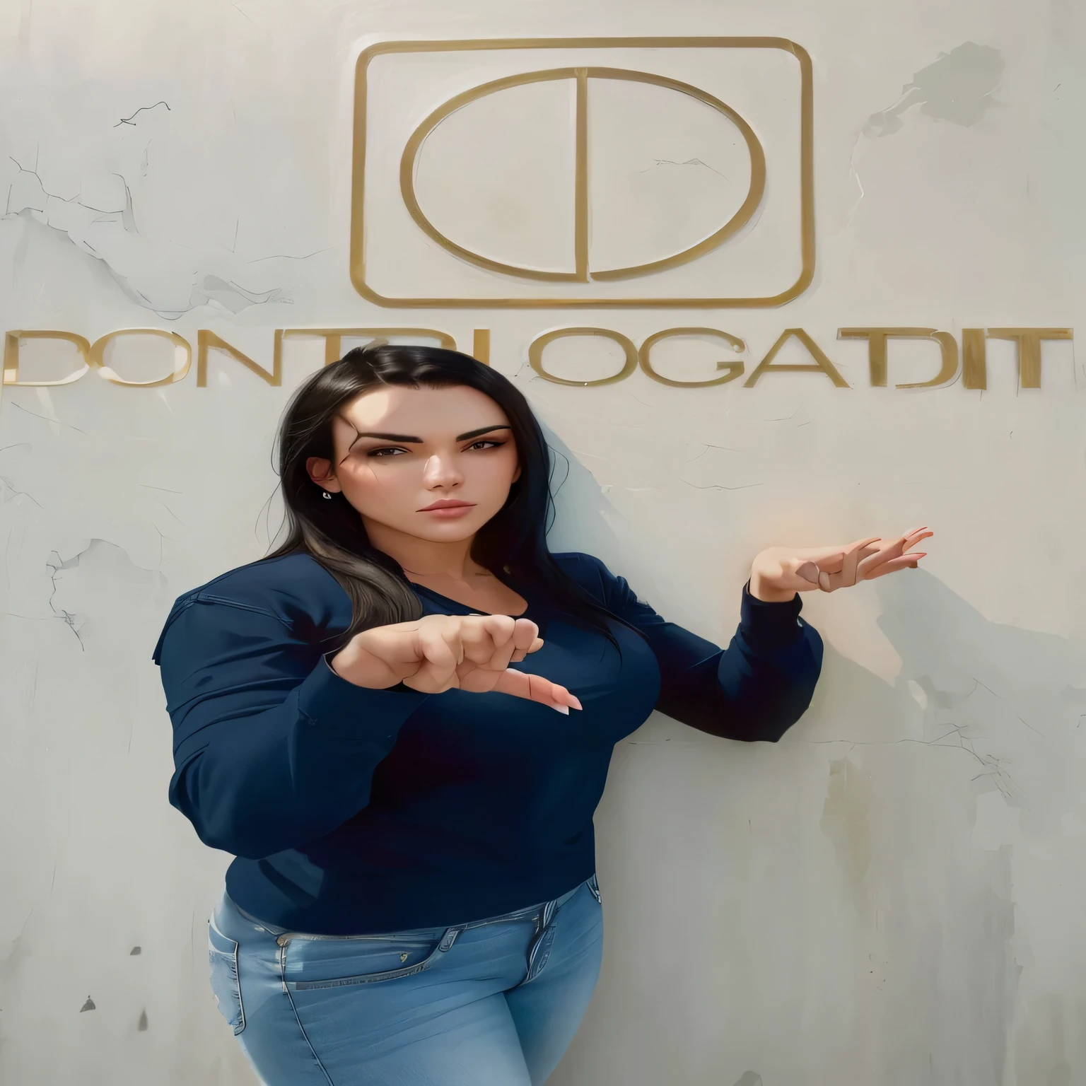 fit woman in a blue shirt and jeans in front of a sign, brunette with black hair with perfect hands doing negative with her hands