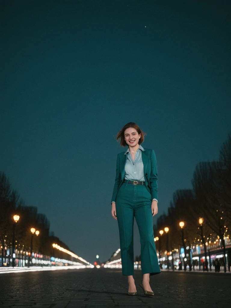 her name is Amelie, high quality, 1girl, ((25-year-old fit Caucasian woman)), ((25 years old)), ((BODY TYPE: HOURGLASS)), ((SHORT Teal COLORED Hair)), smiling, pose: standing, wearing Well-dressed ULTRA MODERN Generation-Z modern wear bright colored, BACKGROUND: "Walking along the illuminated Champs-Élysées with the Arc de Triomphe in the distance and the city lights twinkling."