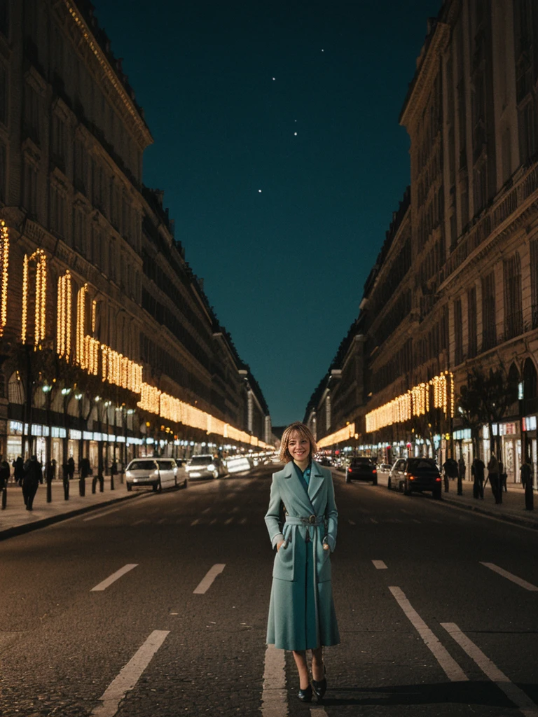 her name is Amelie, high quality, 1girl, ((25-year-old fit Caucasian woman)), ((25 years old)), ((BODY TYPE: HOURGLASS)), ((SHORT Teal COLORED Hair)), smiling, pose: standing, wearing Well-dressed ULTRA MODERN Generation-Z modern wear bright colored, BACKGROUND: "Walking along the illuminated Champs-Élysées with the Arc de Triomphe in the distance and the city lights twinkling."