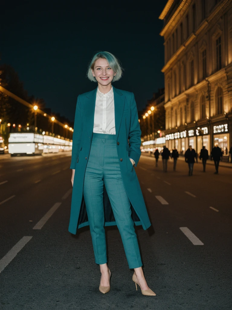 her name is Amelie, high quality, 1girl, ((25-year-old fit Caucasian woman)), ((25 years old)), ((BODY TYPE: HOURGLASS)), ((SHORT Teal COLORED Hair)), smiling, pose: standing, wearing Well-dressed ULTRA MODERN Generation-Z modern wear bright colored, BACKGROUND: "Walking along the illuminated Champs-Élysées with the Arc de Triomphe in the distance and the city lights twinkling."