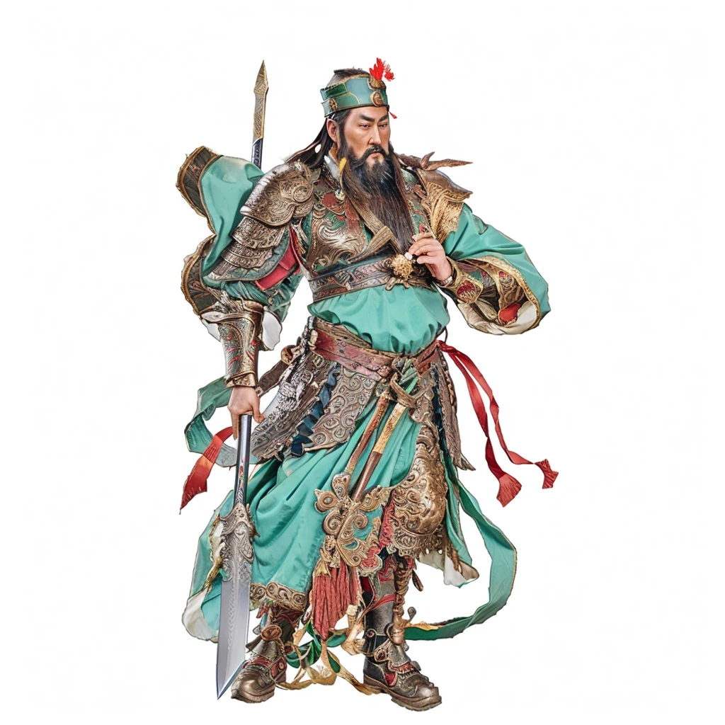 Guan Yu， guan yu, ancient chinese warrior, male deity, taoist priest, deity ribbon, holding sword on spear, 