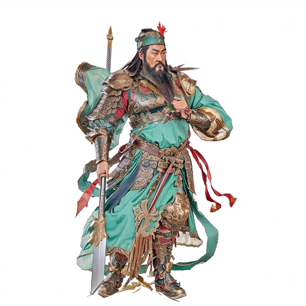 Guan Yu， guan yu, ancient chinese warrior, male deity, taoist priest, deity ribbon, holding sword on spear, 