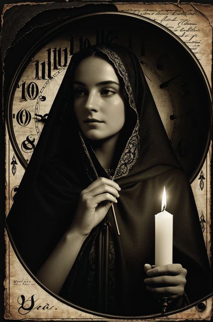 "An artistic composition with vintage elements: a black and white photograph of a person with a dark veil, surrounded by a lit candle, an old pen, and an old clock. The background has a crumpled paper texture and there is vintage text in elegant typography,a digital scene creator type edition