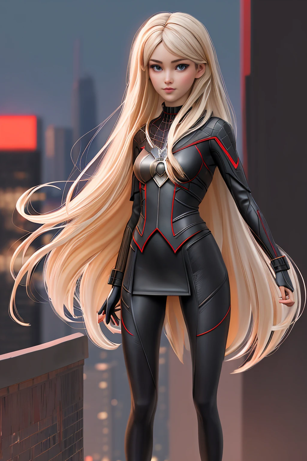((photo by full body, standing, Feet on the ground)) close up 1girl in, ager, Solo, Aesthetic artwork, blond, straight blonde hair, super long blonde hair, light blue eyes, some small freckles, pale skin, A-cup, small breasts, runners body, (thin hips, thin waist: 1.25), detailed skin, shy smile, (action shot falling: 1.25), She wears Spider-Man suit, red and black color scheme, spider, very detailed city roof background, rooftop, overlooking the city, 50mm, 4k textures, soft cinematic light, RAW intricate, elegant, highly detailed, sharp focus, ((((cinematic look)))), soothing tones, insane details, intricate details, hyperdetailed, low contrast, soft cinematic light, dim colors, exposure blend, hdr, faded
