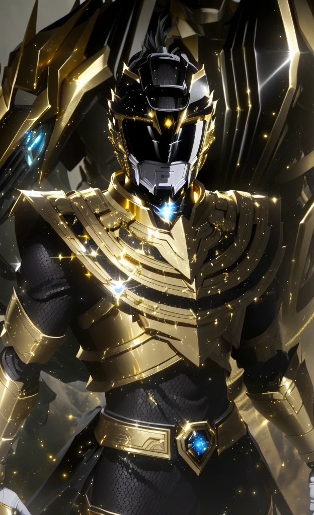 a close up of a person in a gold and black costume, gold obsidian armor, heavy gold obsidian armor, the secret seventh power ranger, black and golden armor, gold armor, black and gold armor, golden armor, golden armor wearing, gold armour, power ranger, gilded shiny armour, golden armour, unreal engine render saint seiya, sleek gold armor