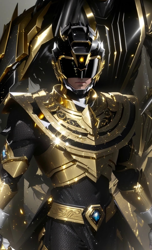 a close up of a person in a gold and black costume, gold obsidian armor, heavy gold obsidian armor, the secret seventh power ranger, black and golden armor, gold armor, black and gold armor, golden armor, golden armor wearing, gold armour, power ranger, gilded shiny armour, golden armour, unreal engine render saint seiya, sleek gold armor