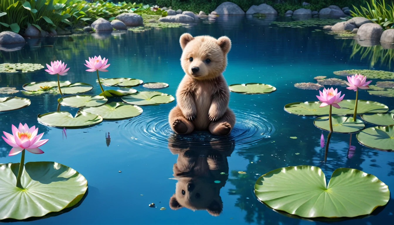 A little bear cub、Sitting near a clear blue lake with floating water lilies。Pink flower 8k realistic