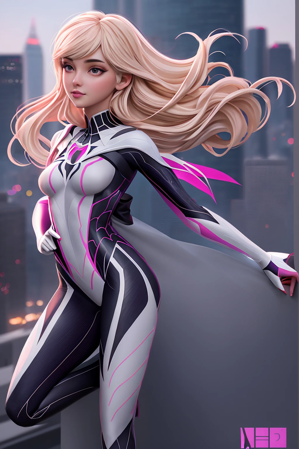 ((photo by full body, standing, Feet on the ground)) 1girl in, teenager, Solo, Aesthetic artwork, blond, straight blonde hair, super long blonde hair, light blue eyes,  some small freckles, pale skin, A-cup, small breasts, runners body, (thin hips, thin waist: 1.25), detailed skin, shy smile, (action shot falling: 1.25), ((She wears Spider-gwen suit from into the spider verse)), pink and black color scheme, spider web pattern, very detailed city roof background, rooftop, overlooking the city, 50mm, 4k textures, soft cinematic light, RAW intricate, elegant, highly detailed, sharp focus, ((((cinematic look)))), soothing tones, insane details, intricate details, hyperdetailed, low contrast, soft cinematic light, dim colors, exposure blend, hdr, faded