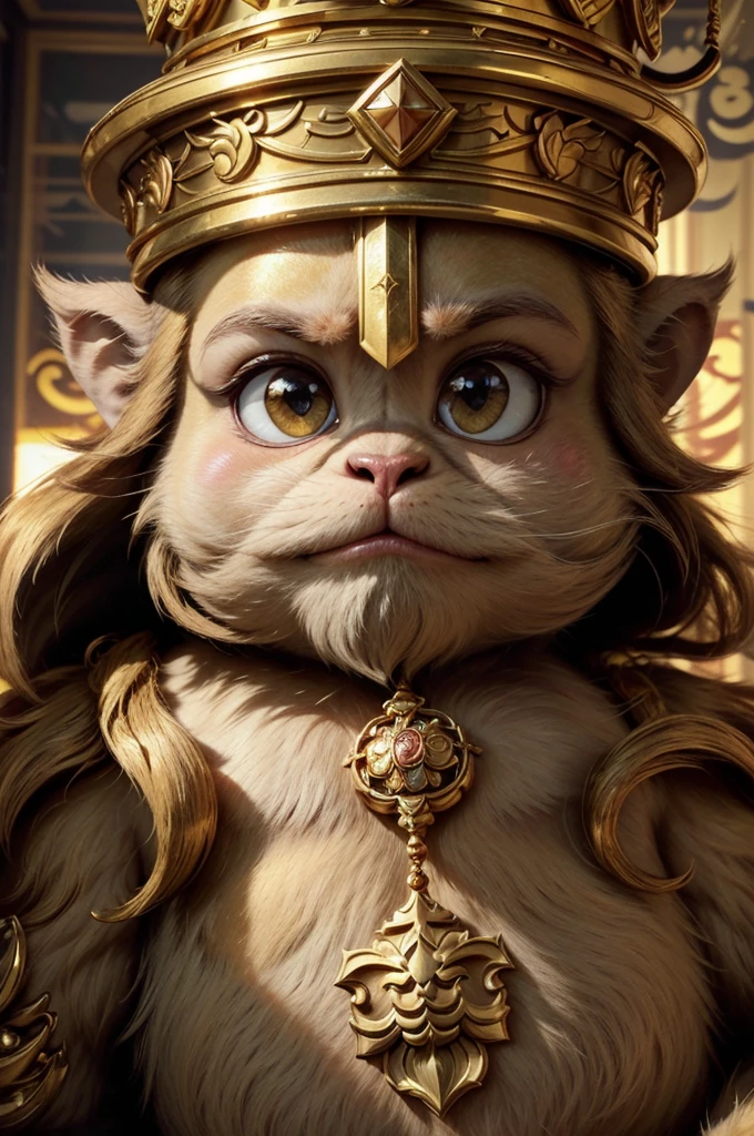 A majestic monkey king sitting on an opulent emperor's throne. The monkey is adorned with royal garments and a golden crown, exuding an aura of nobility and power. The throne is intricately designed with precious stones and gold, reflecting the grandeur of an ancient empire. Surrounding the throne are lush, exotic plants and rich tapestries, enhancing the regality of the scene. The background features a grand palace hall with high ceilings and ornate decorations. The lighting is dramatic, casting a royal glow on the monkey king and his throne