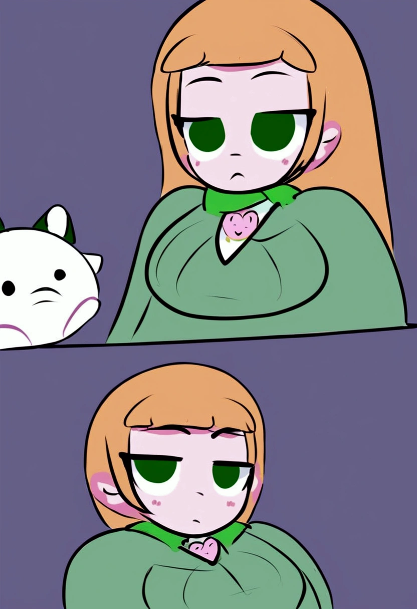 drawing of a woman in a green shirt and a green sweater, she has a cute face e expressivo, Abigail de Stardew Valley, madeline da celeste, [[[[grinning wickedly]]]], she has a cute face, slightly happy facial expression, cel - shaded art style, she has a distant expression, pale round face, bored expression