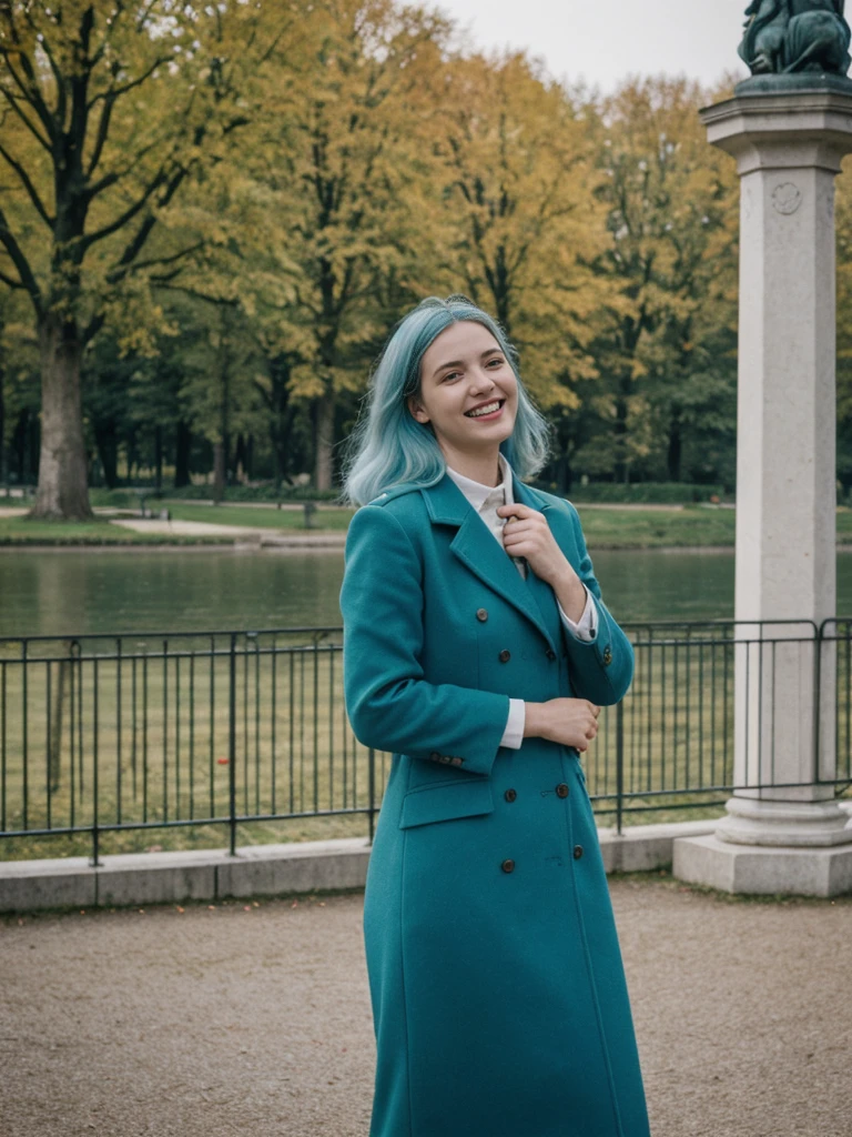 her name is Amelie, high quality, 1girl, ((25-year-old fit Caucasian woman)), ((25 years old)), ((BODY TYPE: HOURGLASS)), ((Teal COLORED Hair)), smiling, pose: standing, wearing Well-dressed ULTRA MODERN Generation-Z modern wear DARK colored, BACKGROUND:  "Walking through the Tiergarten park, with its serene lakes, gardens, and views of the Victory Column."