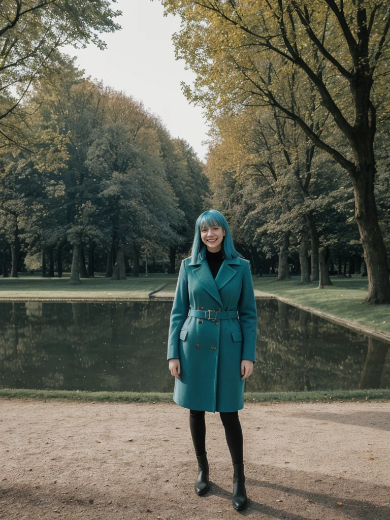 her name is Amelie, high quality, 1girl, ((25-year-old fit Caucasian woman)), ((25 years old)), ((BODY TYPE: HOURGLASS)), ((Teal COLORED Hair)), smiling, pose: standing, wearing Well-dressed ULTRA MODERN Generation-Z modern wear DARK colored, BACKGROUND: "Walking through the Tiergarten park, with its serene lakes, gardens, and views of the Victory Column."