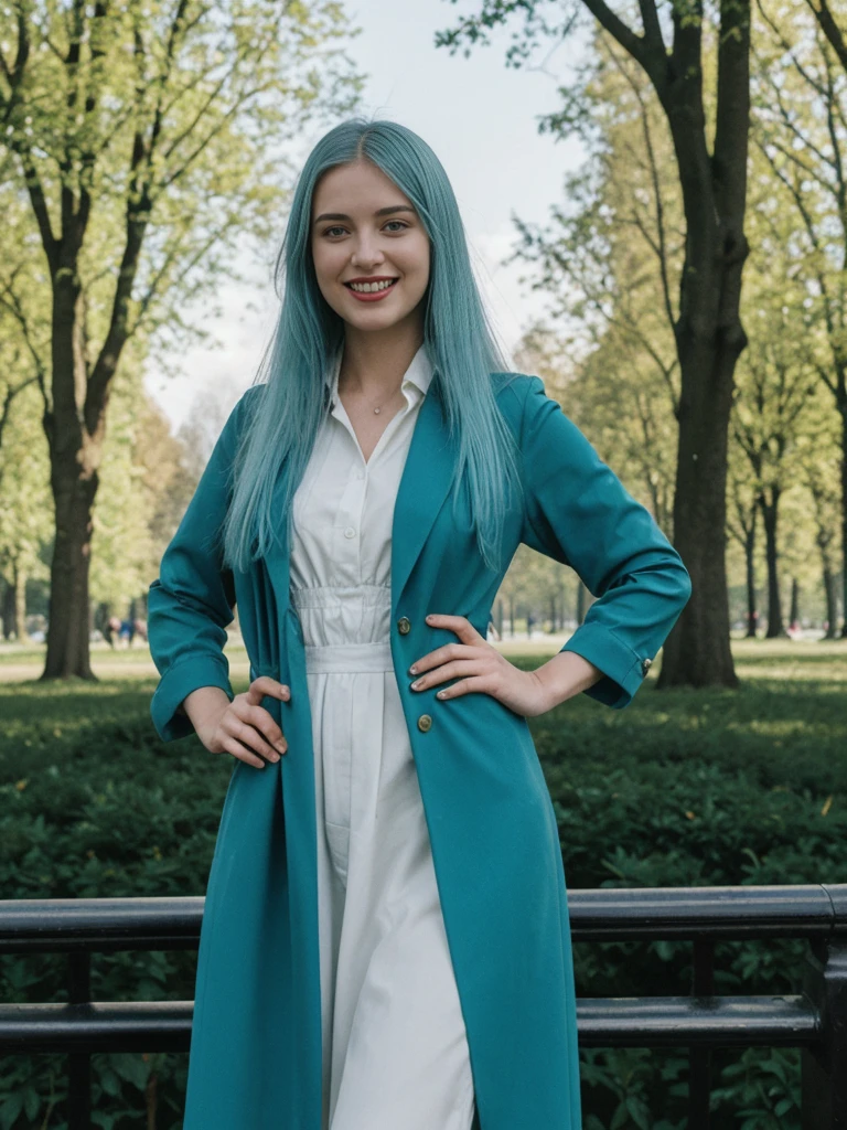 her name is Amelie, high quality, 1girl, ((25-year-old fit Caucasian woman)), ((25 years old)), ((BODY TYPE: HOURGLASS)), ((Teal COLORED Hair)), smiling, pose: standing, wearing Well-dressed ULTRA MODERN Generation-Z modern wear DARK colored, BACKGROUND: "Walking through the Tiergarten park, with its serene lakes, gardens, and views of the Victory Column."