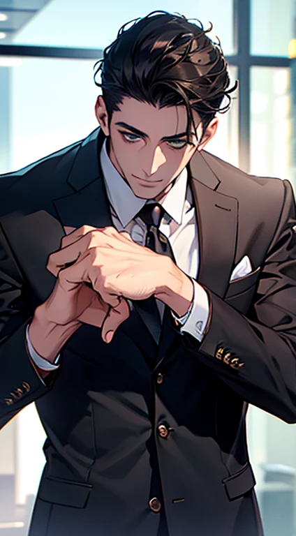 (best quality,4k,8k,highres,masterpiece:1.2),ultra-detailed,(realistic,photorealistic,photo-realistic:1.37),1 man,31 years old,mature man,very handsome,without expression,smile,short grey black hair,green eyes,penetrating gaze,perfect face without errors,imposing posture,businessman,office background,cinematic lighting,hdr image