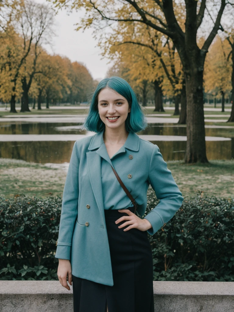 her name is Amelie, high quality, 1girl, ((25-year-old fit Caucasian woman)), ((25 years old)), ((BODY TYPE: HOURGLASS)), ((Teal COLORED Hair)), smiling, pose: standing, wearing Well-dressed ULTRA MODERN Generation-Z modern wear DARK colored, BACKGROUND: "Walking through the Tiergarten park, with its serene lakes, gardens, and views of the Victory Column."