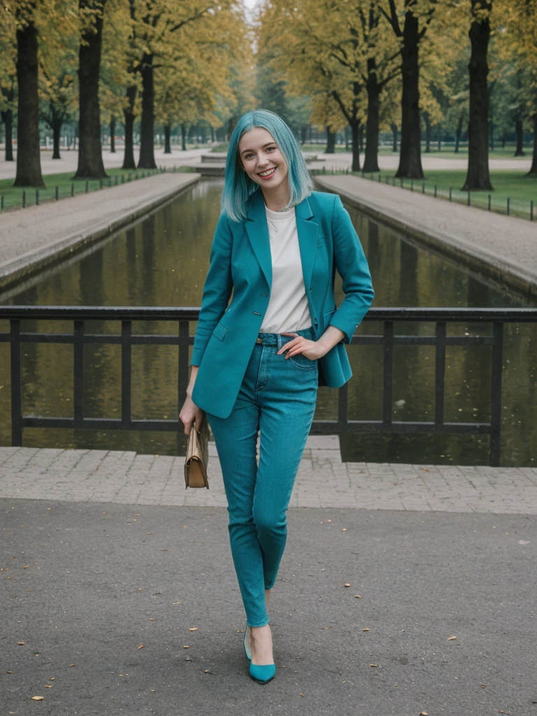 her name is Amelie, high quality, 1girl, ((25-year-old fit Caucasian woman)), ((25 years old)), ((BODY TYPE: HOURGLASS)), ((Teal COLORED Hair)), smiling, pose: standing, wearing Well-dressed ULTRA MODERN Generation-Z modern wear DARK colored, BACKGROUND: "Walking through the Tiergarten park, with its serene lakes, gardens, and views of the Victory Column."