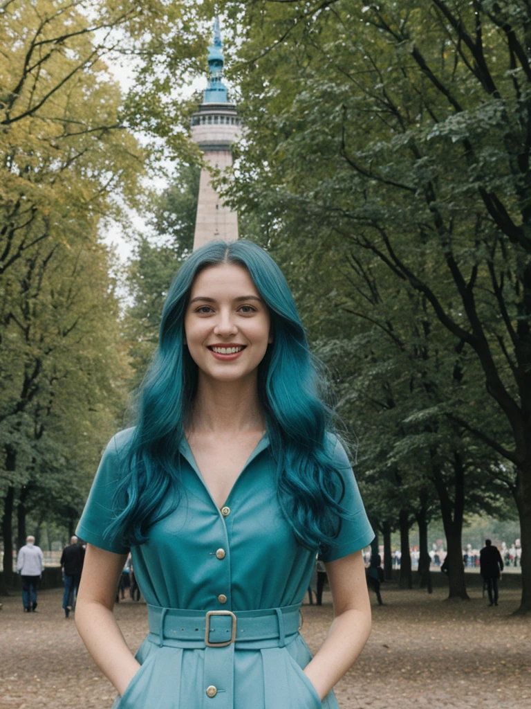 her name is Amelie, high quality, 1girl, ((25-year-old fit Caucasian woman)), ((25 years old)), ((BODY TYPE: HOURGLASS)), ((Teal COLORED Hair)), smiling, pose: standing, wearing Well-dressed ULTRA MODERN Generation-Z modern wear DARK colored, BACKGROUND: "Walking through the Tiergarten park, with its serene lakes, gardens, and views of the Victory Column."