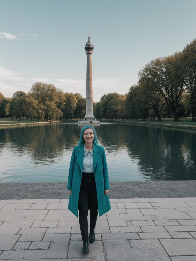 her name is Amelie, high quality, 1girl, ((25-year-old fit Caucasian woman)), ((25 years old)), ((BODY TYPE: HOURGLASS)), ((Teal COLORED Hair)), smiling, pose: standing, wearing Well-dressed ULTRA MODERN Generation-Z modern wear DARK colored, BACKGROUND:  "Walking through the Tiergarten park, with its serene lakes, gardens, and views of the Victory Column."