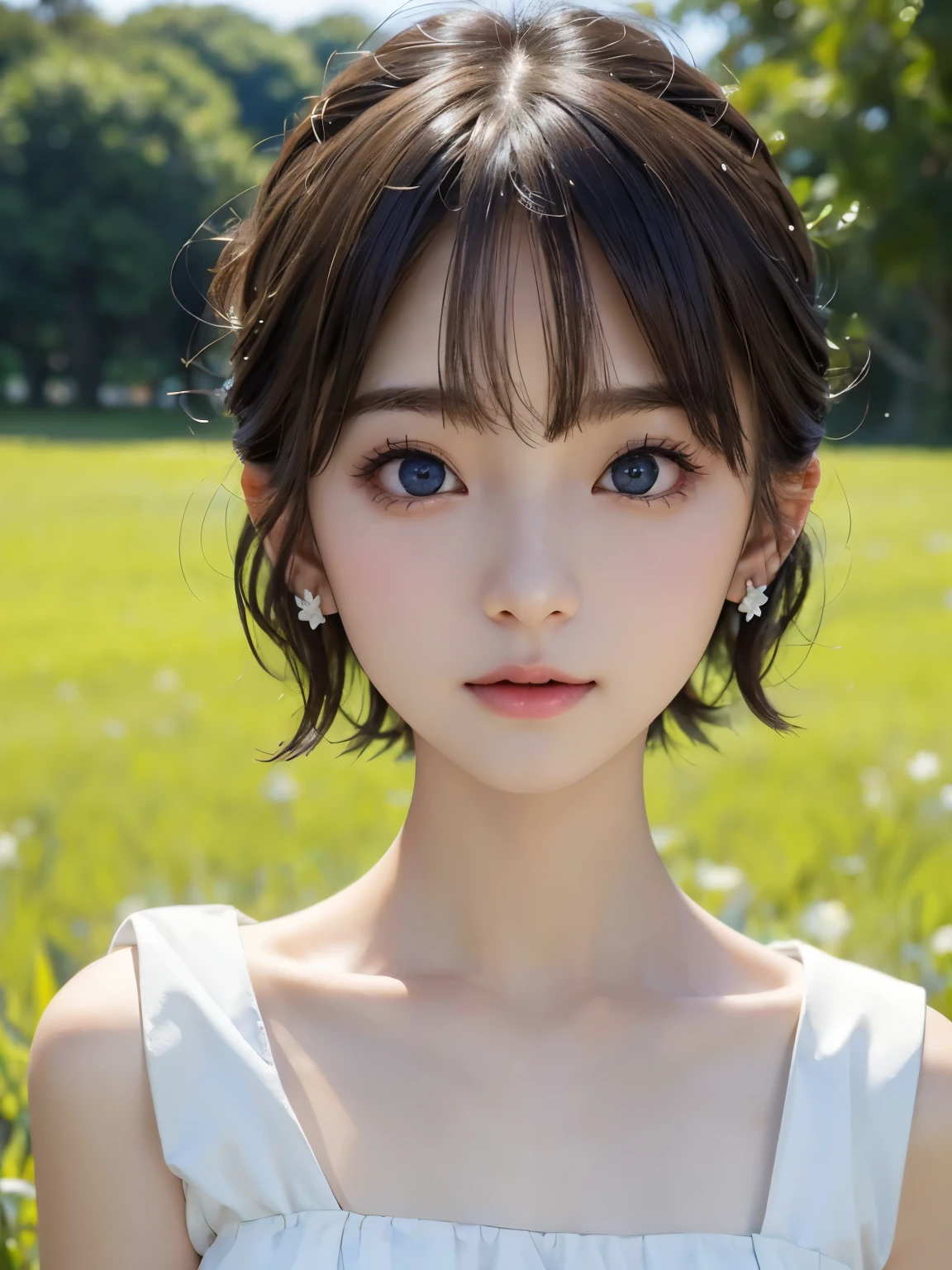 short hair、grassland、(１３age:1.6)、（From the chest up:1.6)、Laughter、Close-up portrait of a girl wearing a white sleeveless top dress and earrings, Soft portrait shot 8k, Nice delicate face, High-quality 4K portraits, High-quality portraits, Soft and perfect white skin, 8k highly detailed face, Beautiful and delicate face, Beautiful light big eyes, Beautiful and realistic face, Beautiful girl and, Beautiful and realistic face, Cute girl