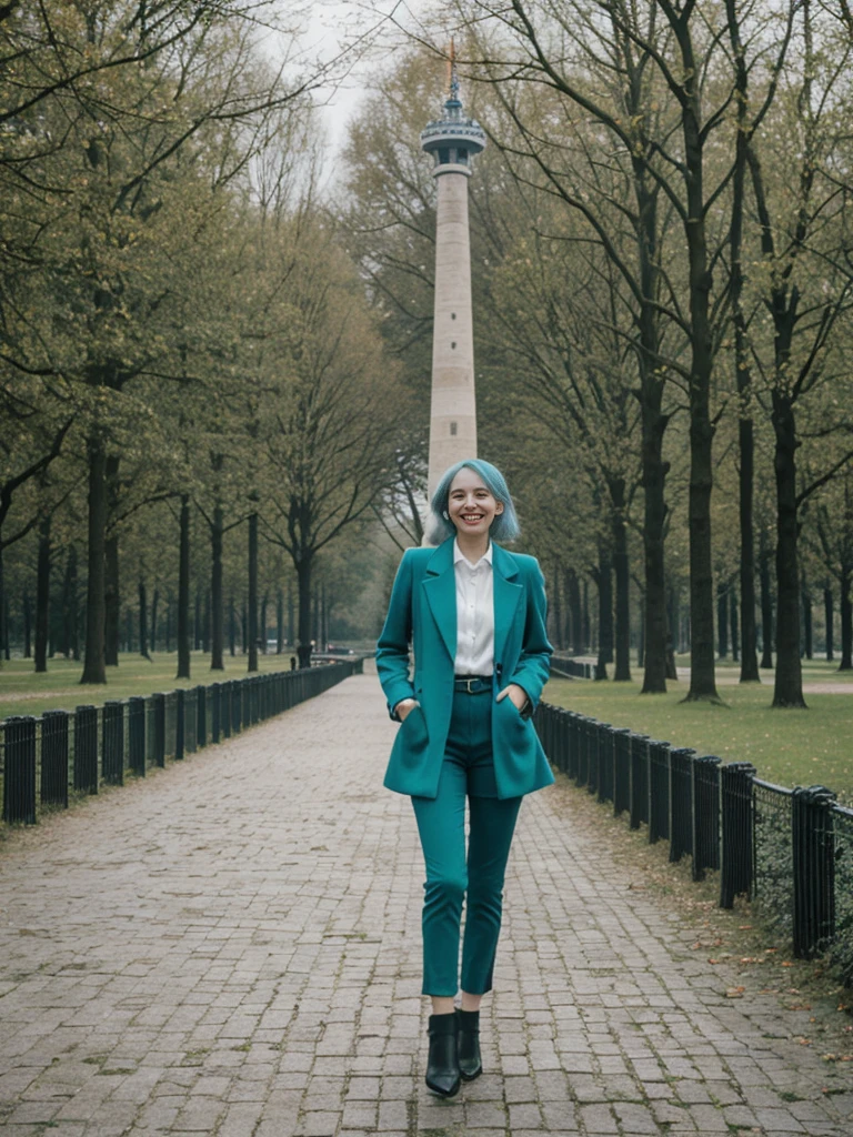 her name is Amelie, high quality, 1girl, ((25-year-old fit Caucasian woman)), ((25 years old)), ((BODY TYPE: HOURGLASS)), ((Teal COLORED Hair)), smiling, pose: standing, wearing Well-dressed ULTRA MODERN Generation-Z modern wear DARK colored, BACKGROUND: "Walking through the Tiergarten park, with its serene lakes, gardens, and views of the Victory Column."