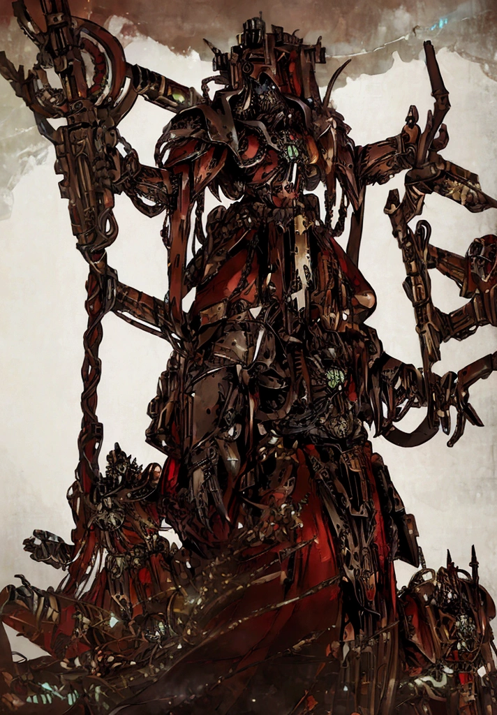 make a character for my rpg game, adeptus mechanicus, imposing pose, wearing armor, he is holding a book, detailed outfit, holding a war staff, filled with implant, dark cathedral background (detailed back ground), robotic priest with armor.